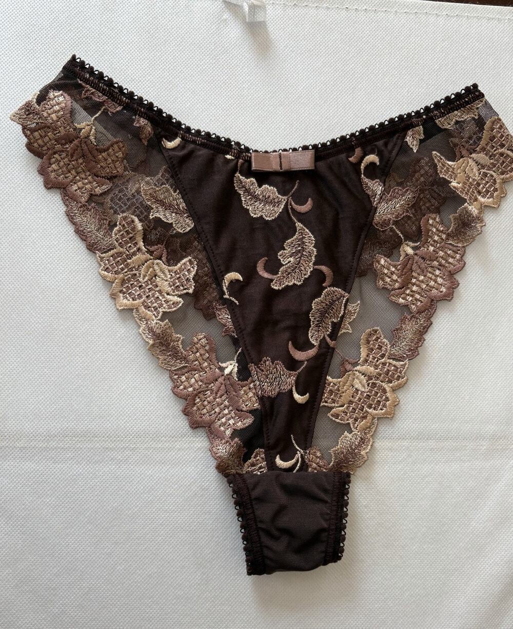 Simone Pérèle Paris NWOT Embroidered Lace Mesh Bikini Panties Brown Size 1 Small